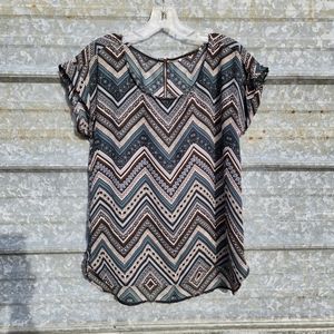 Silky Fall Colored Chevron Design High Low Blouse with Zipper